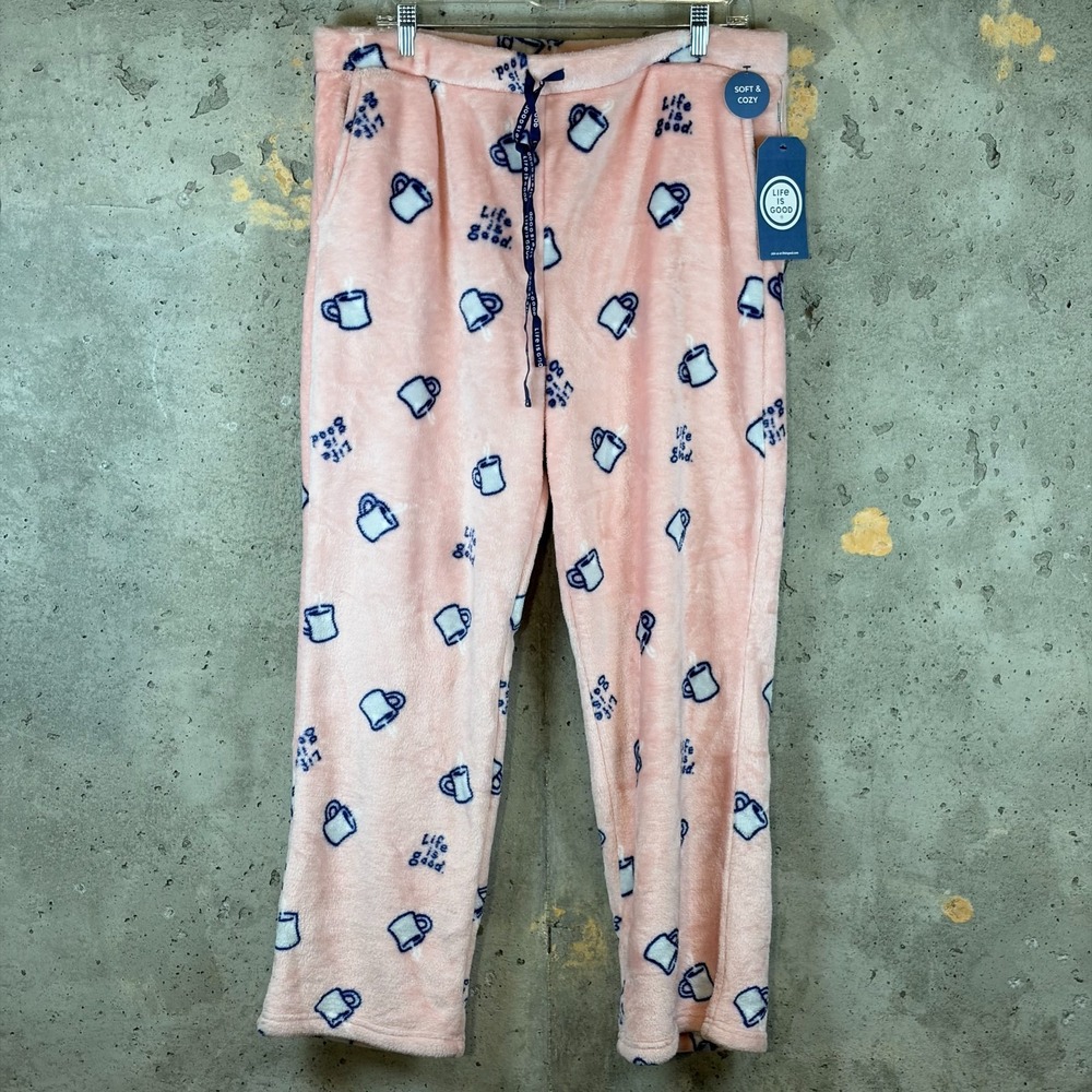 Life Is Good Sleep Soft & Cozy Plush Pajama Pants Womens XL Pink Coffee Print